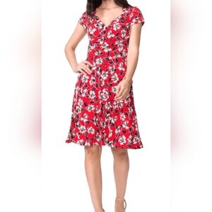 Leota Faux Wrap Red and Navy Floral Draped Neck Midi Dress, Size 1X